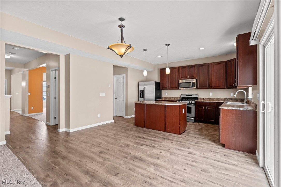 Kitchen with dark wood cabinets, a central island, stainless steel appliances, and wide-plank flooring.