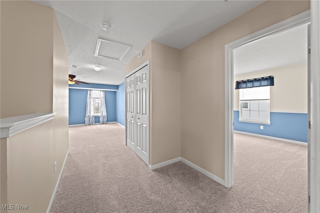 Carpeted hallway opening to two bedrooms with blue walls and white closet doors.