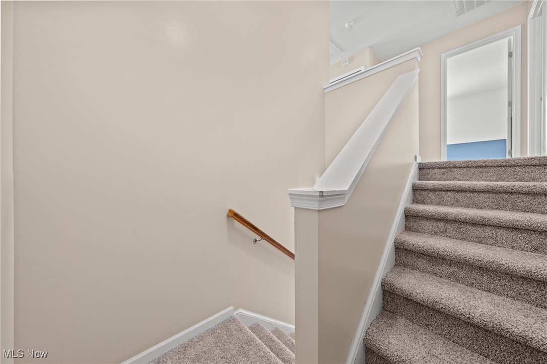 Carpeted split-level staircase with a wooden handrail and bright upper landing.