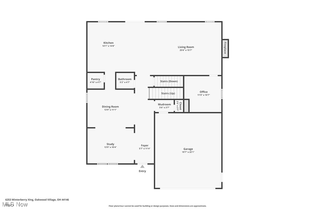 Floor plan showing the kitchen, living room, dining room, study, office, mudroom, and attached garage.
