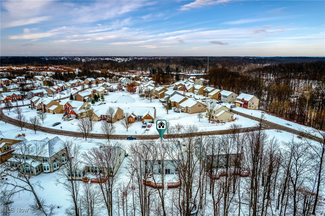 Snow-covered neighborhood viewed from above, with a home marker near the road and woods beyond.