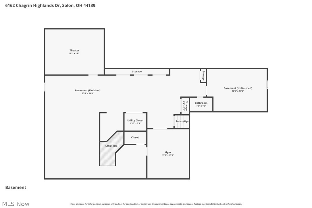 Basement floor plan with a theater, gym, bathroom, storage, and separate unfinished area.