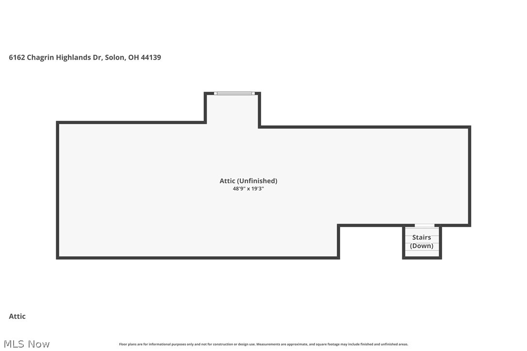 Unfinished attic floor plan with a large open area and stairs down near one end.