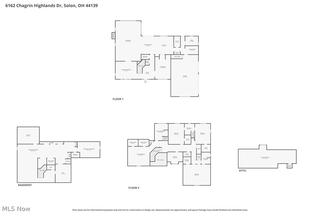 Floor plan showing the first floor, basement, second floor, and attic.