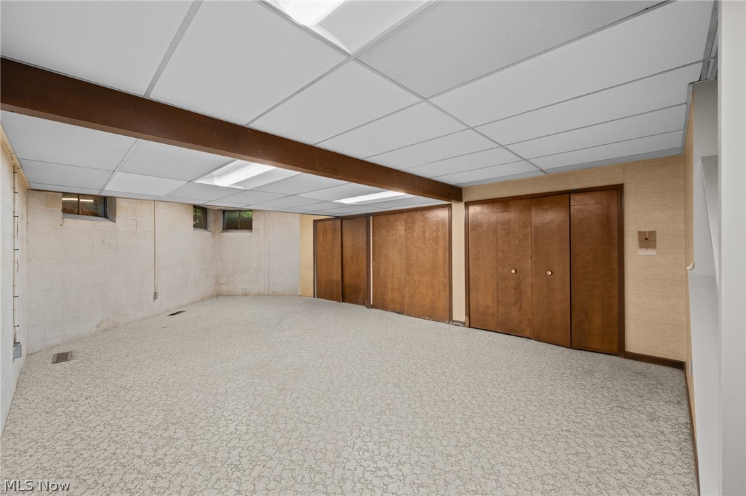 Empty basement room with patterned carpet and built-in wooden storage closets.