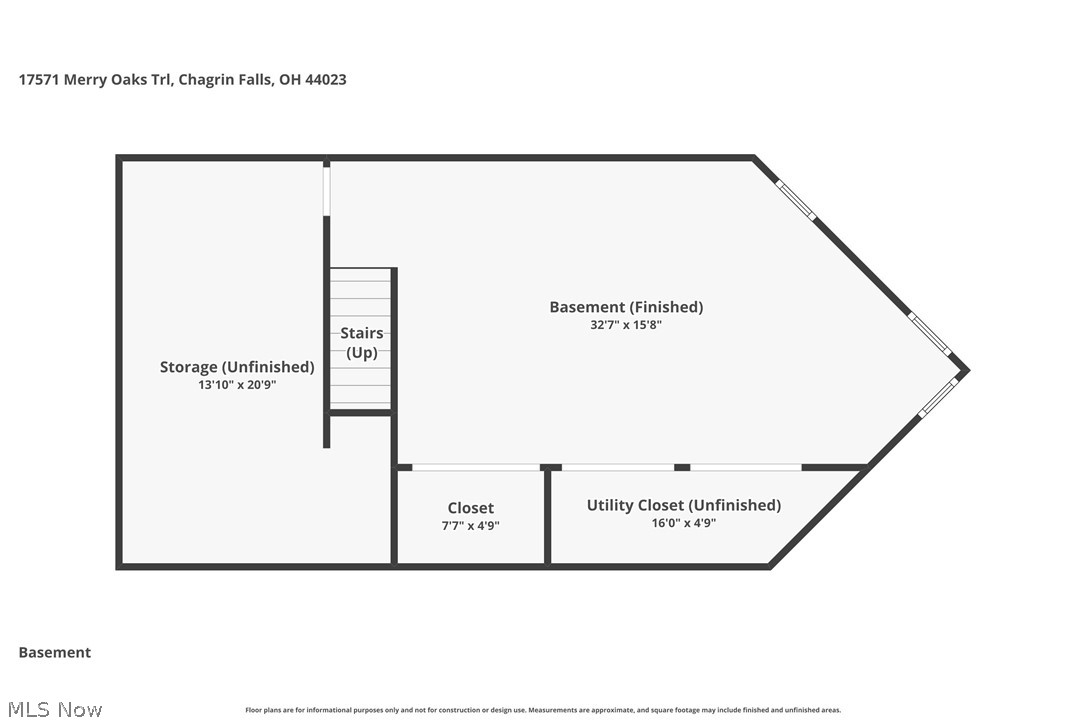Basement floor plan showing a finished area, unfinished storage, utility closet, closet, and stairs.