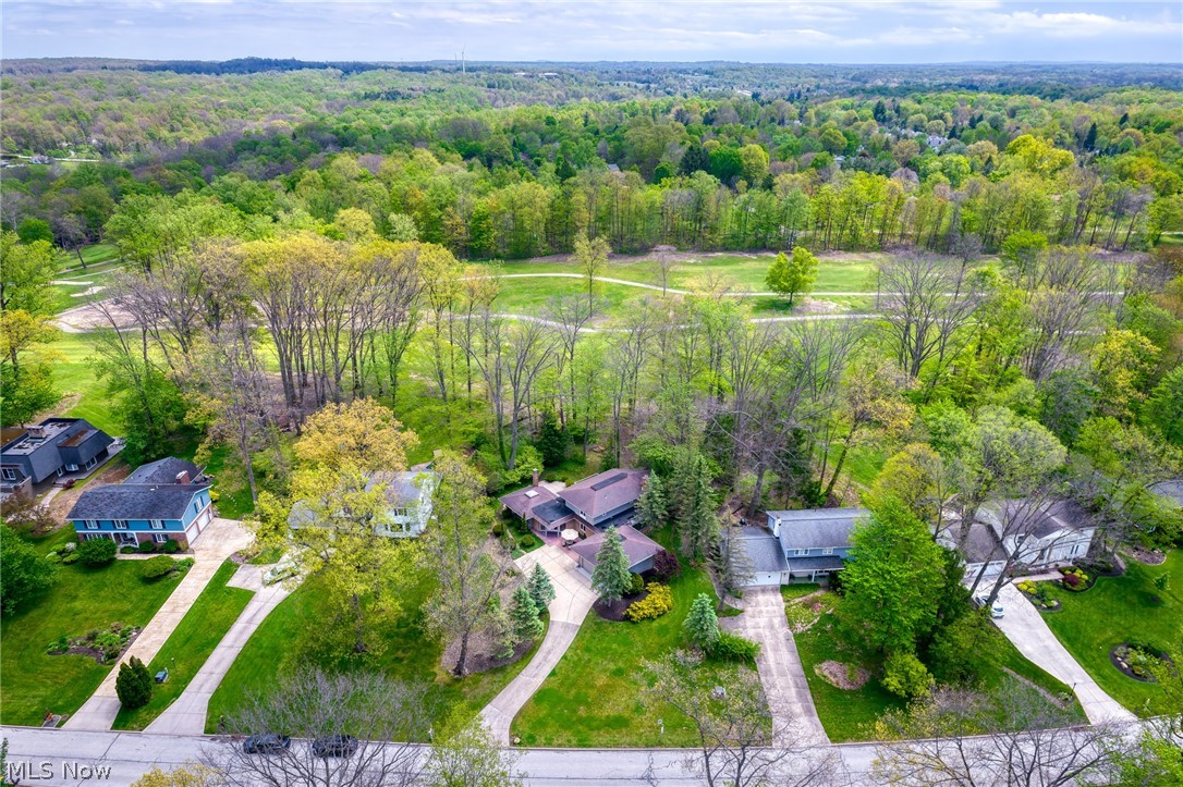 Aerial view of a home among neighboring houses, with wooded green space and open lawns behind it.