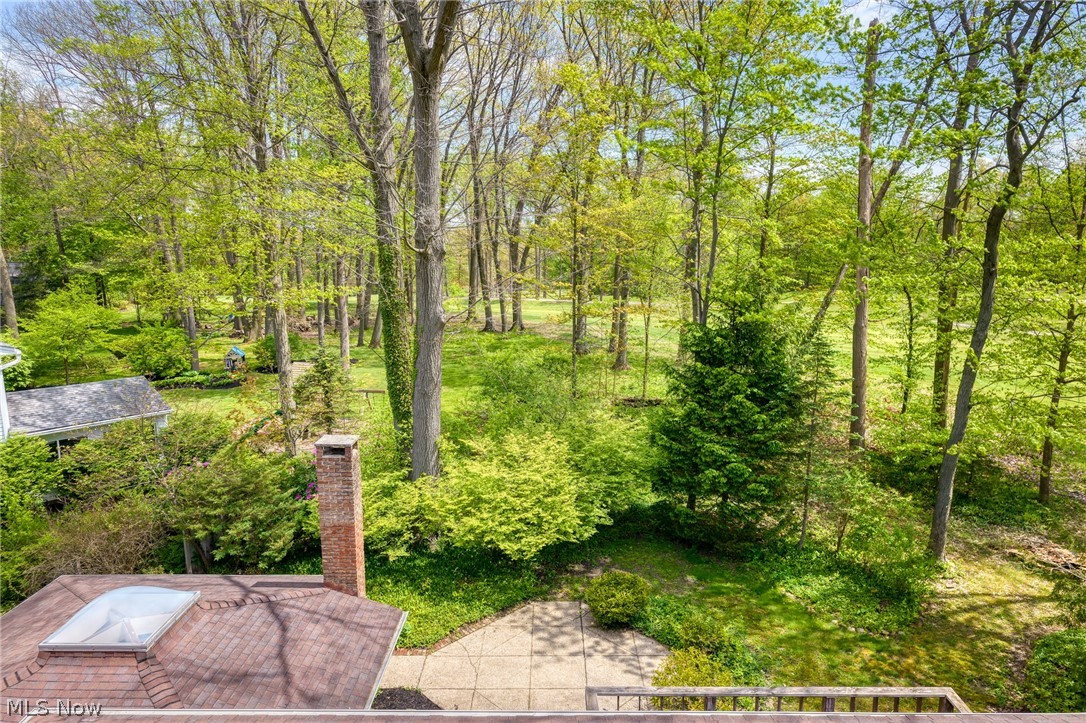 Elevated view of a wooded backyard with mature trees, lawn, patio, and the home’s roof and chimney.