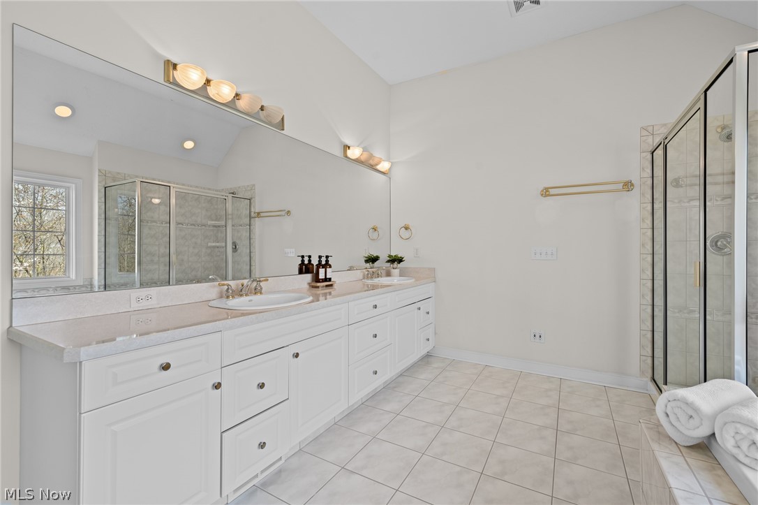 Primary bathroom with a long double vanity, large mirror, and glass-enclosed shower.