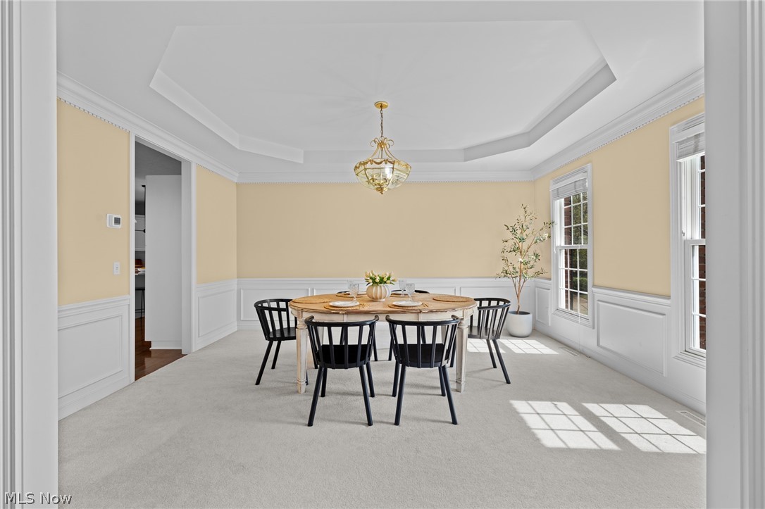 Dining room with a round table, black chairs, white wainscoting, and a tray ceiling.