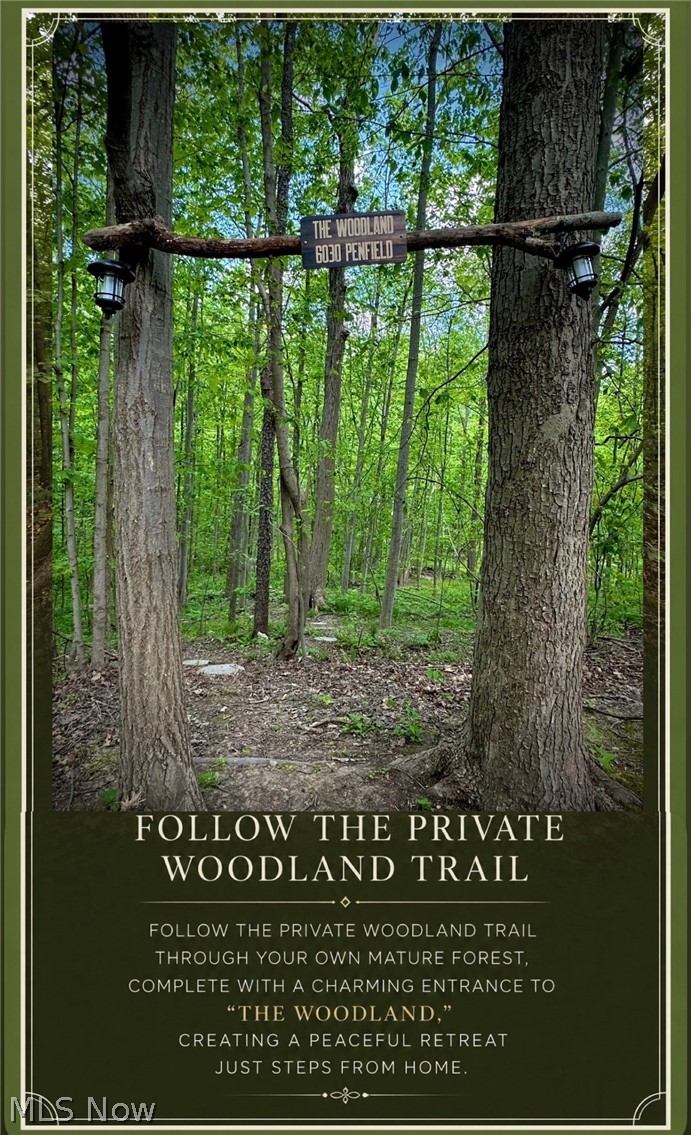 Promotional flyer showing the wooded trail entrance at 6030 Penfield Lane, with text advertising a private woodland trail.