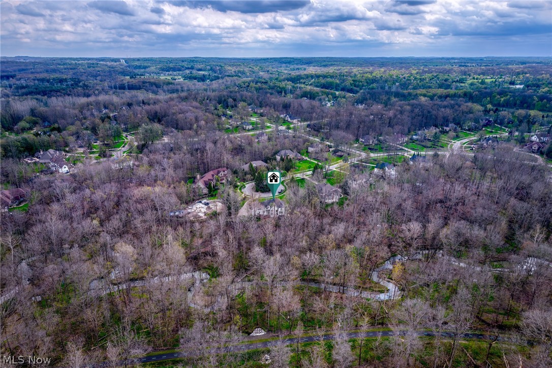 Aerial view of a wooded neighborhood with the featured home marked near the center.