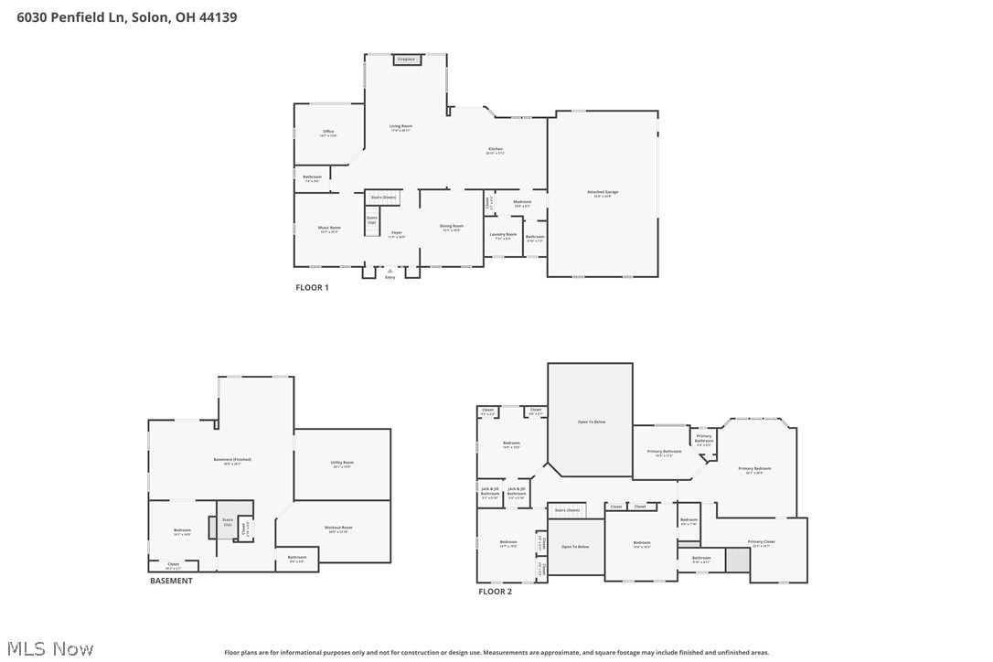 Floor plans for the first floor, basement, and second floor of 6030 Penfield Lane.