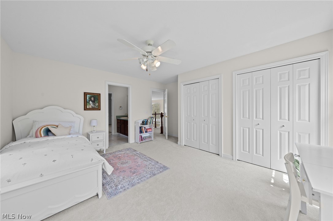 Bedroom with a white bed, patterned rug, ceiling fan, and large white closets.