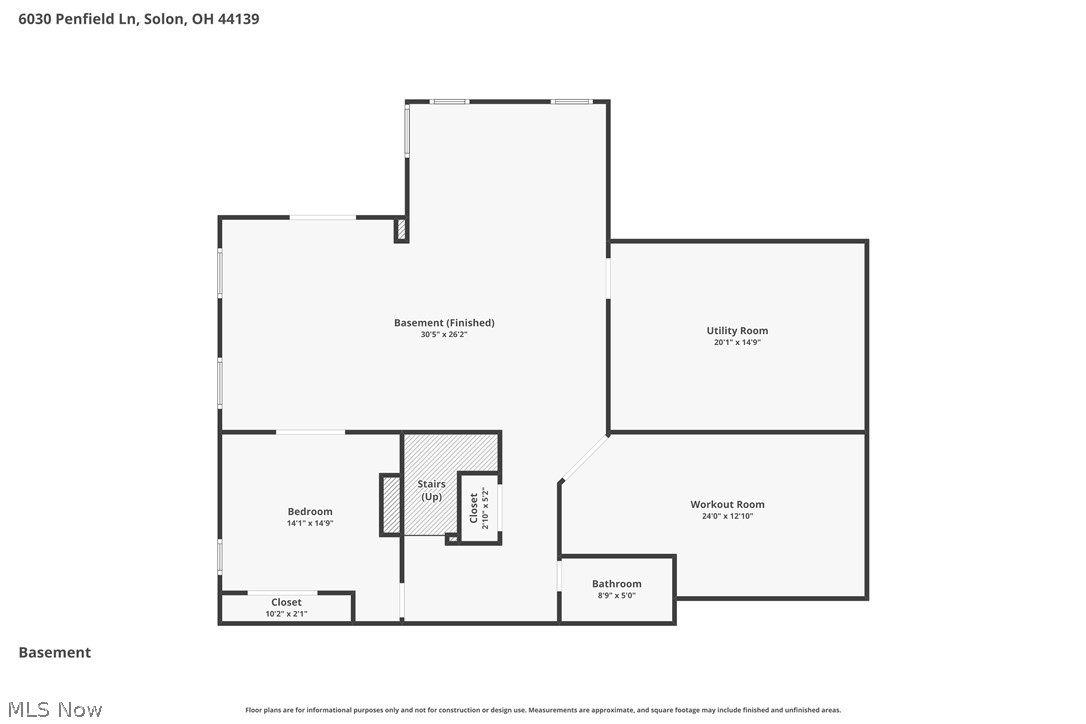 Basement floor plan with a bedroom, utility room, workout room, bathroom, and finished basement.
