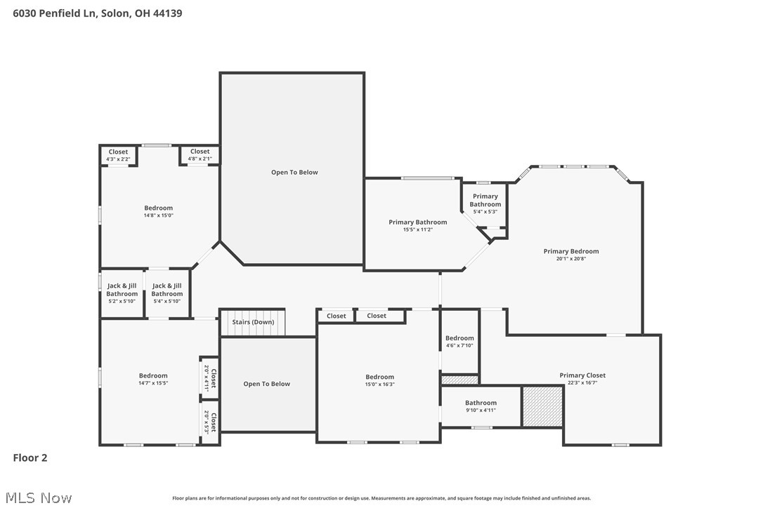 Second-floor floor plan with a primary suite, several bedrooms, bathrooms, and two open-to-below areas.