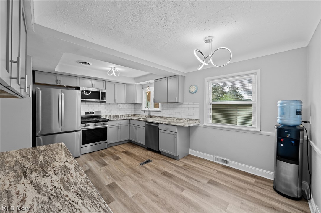 Renovated kitchen with gray cabinets, stainless steel appliances, stone counters, and wood-look flooring.
