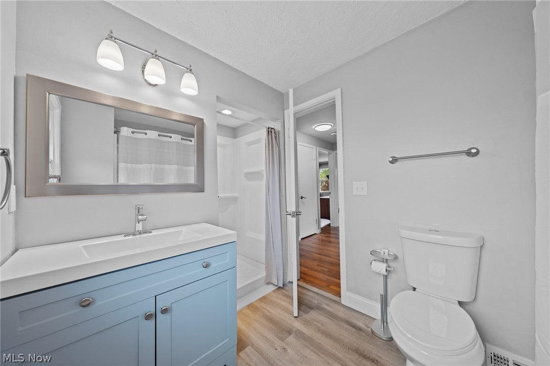Bathroom with a blue vanity, large mirror, curtained shower, and wood-look flooring.