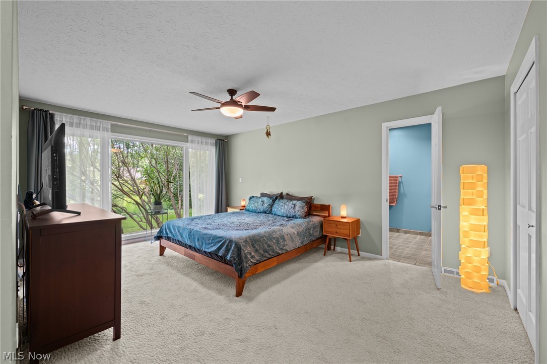 Bedroom with blue bedding, sliding glass doors overlooking a green yard, and an open bathroom doorway.