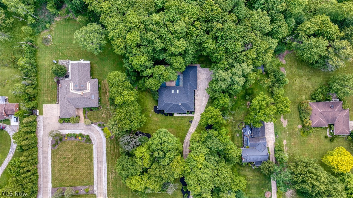Aerial view of a house and curved driveway amid mature trees and neighboring homes.