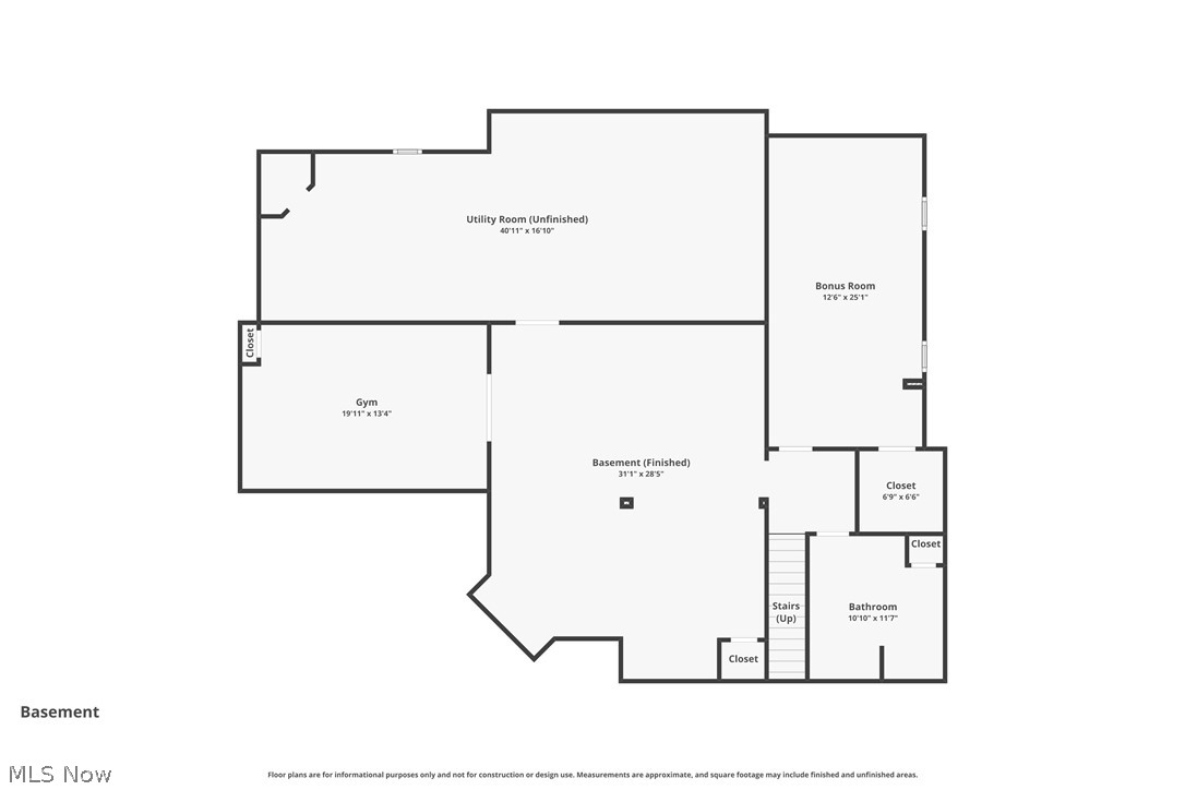 Basement floor plan with finished basement, gym, bonus room, unfinished utility room, bathroom, and closets.