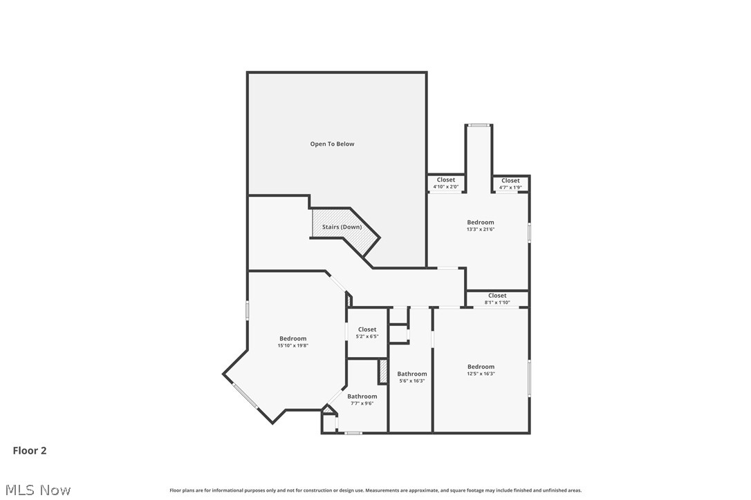 Second-floor plan with three bedrooms, two bathrooms, multiple closets, stairs, and an open-to-below area.