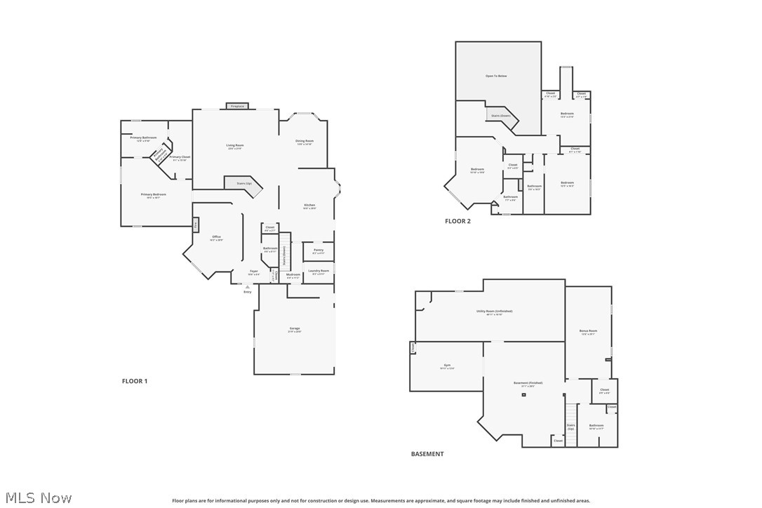 Three-level floor plan showing the first floor, second floor, and basement.