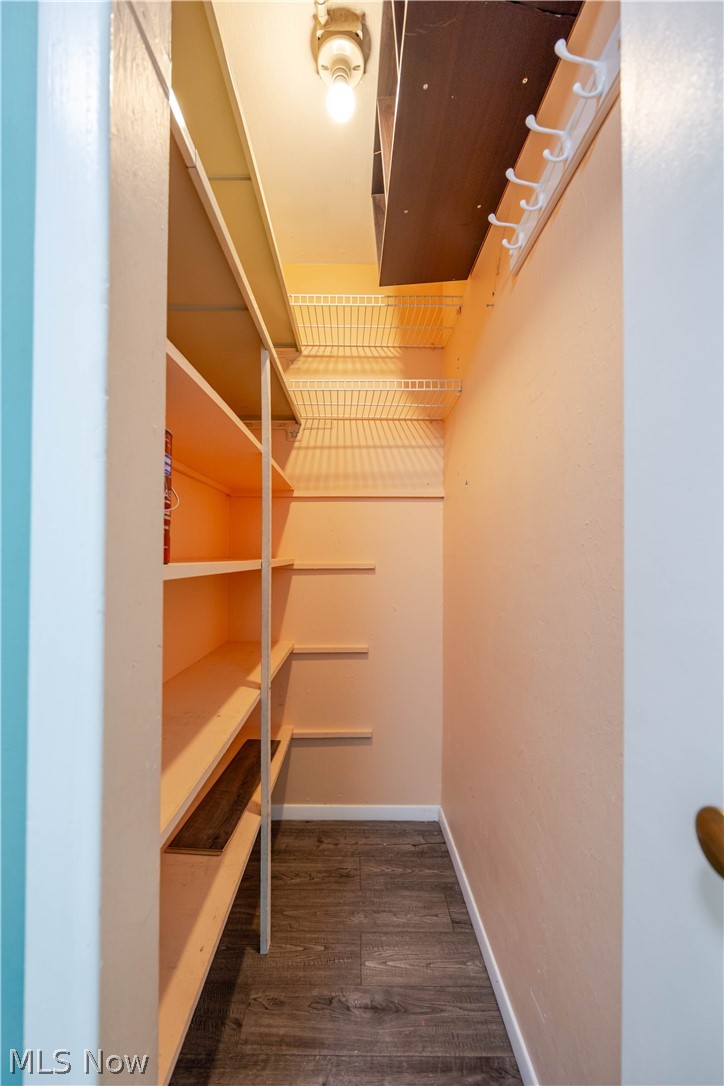 Walk-in closet with built-in shelving and overhead wire racks.