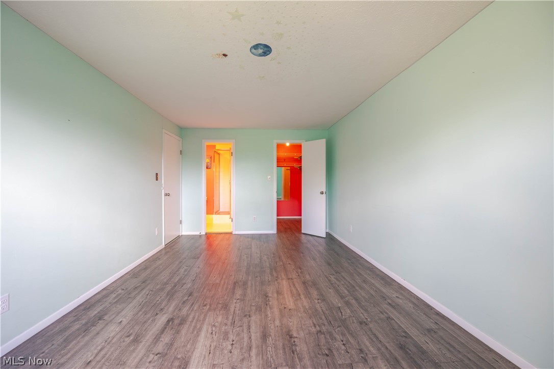 Empty bedroom with pale green walls, wood-look flooring, and an open closet.