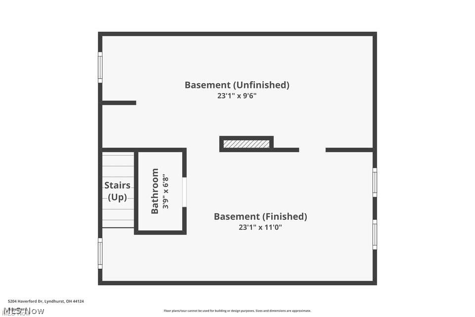 Basement floor plan showing finished and unfinished areas, a bathroom, and stairs.
