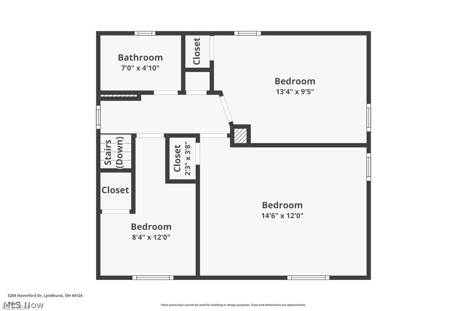 Floor plan showing three bedrooms, a bathroom, closets, and stairs.