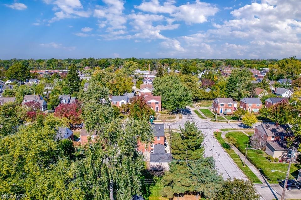 Aerial view of a leafy neighborhood with detached homes and early autumn foliage.