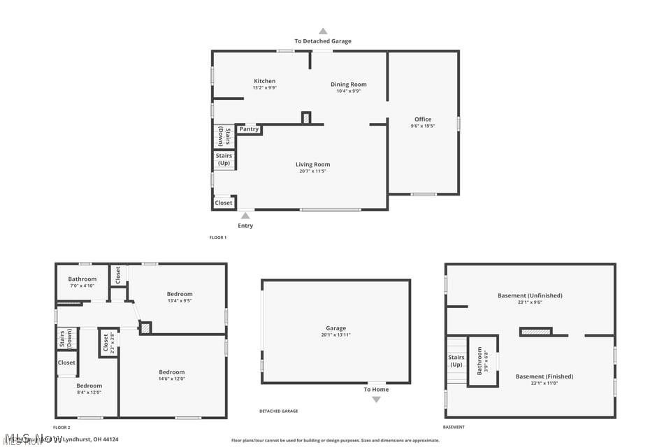 Floor plan showing three levels, three bedrooms, a detached garage, and finished and unfinished basement areas.