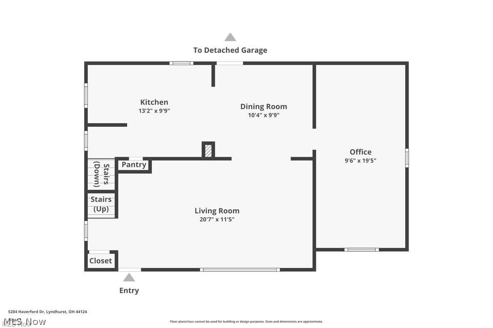 First-floor plan showing kitchen, dining room, living room, office, pantry, stairs, and entry.