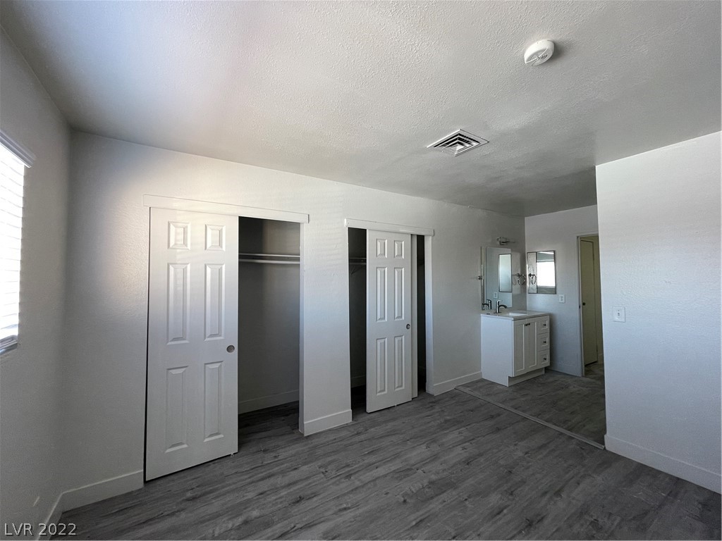 Vacant room with two closets, gray flooring, and a white sink vanity.