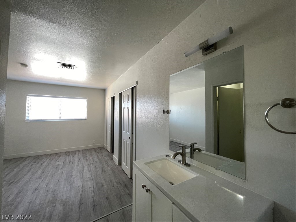 Bathroom vanity and mirror overlooking an empty room with gray plank flooring and closet doors.
