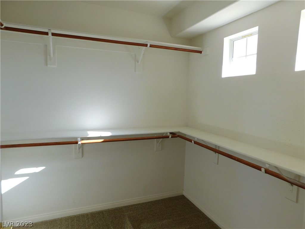 Empty walk-in closet with wraparound shelving, wooden hanging rods, and high windows.