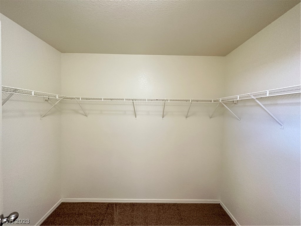 Empty walk-in closet with white wire shelving and brown carpet.