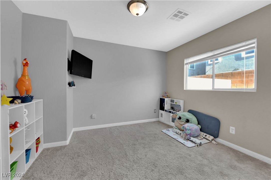 Carpeted playroom with a wall-mounted TV, toy shelves, and plush toys by the window.