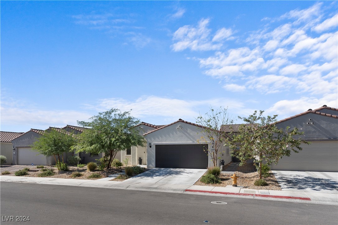 Single-story stucco home with a dark two-car garage, tile roof, and desert landscaping.