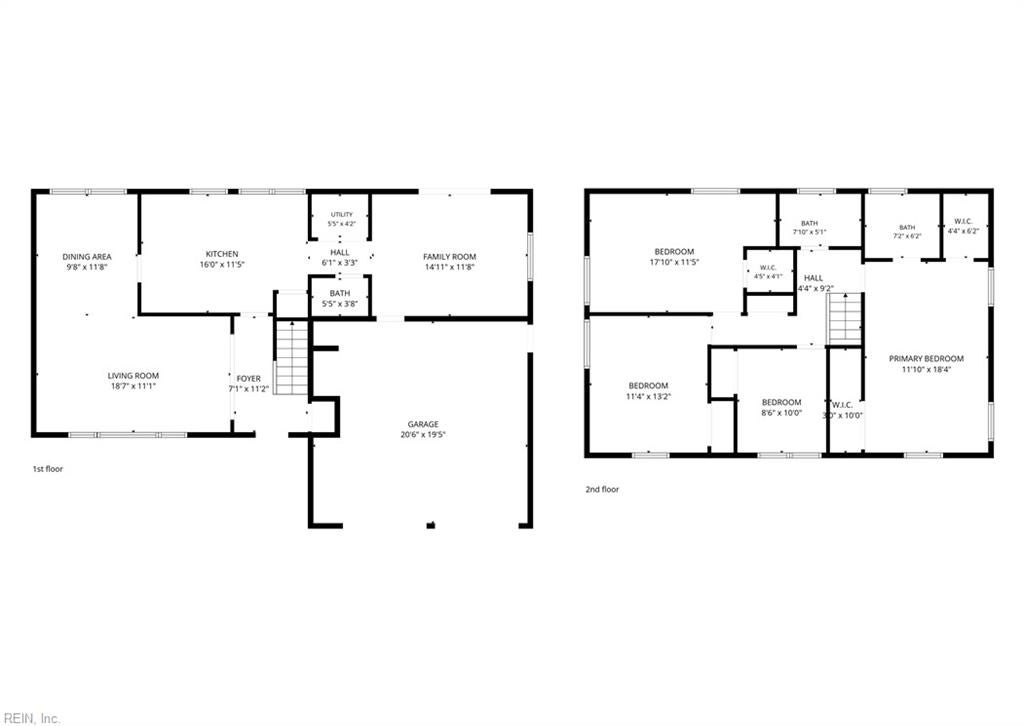 Two-story home floor plan with labeled rooms and dimensions on both floors.