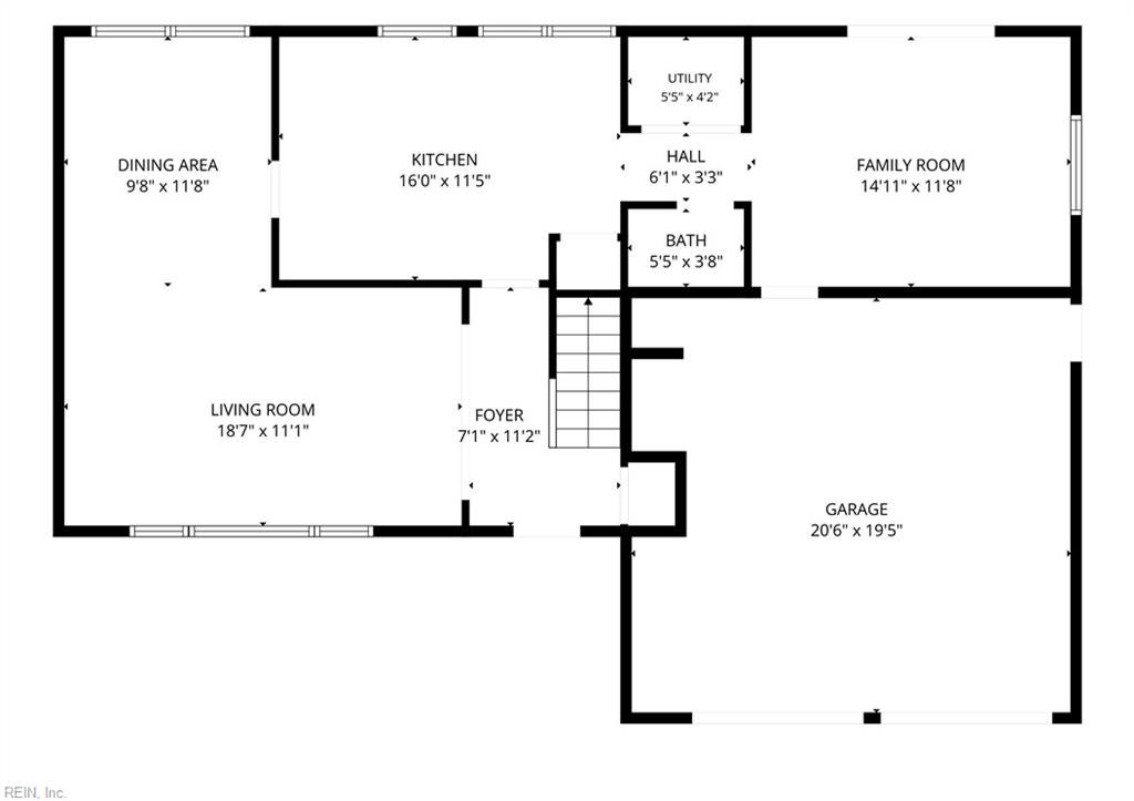 Floor plan showing the labeled rooms and dimensions, including a large garage.