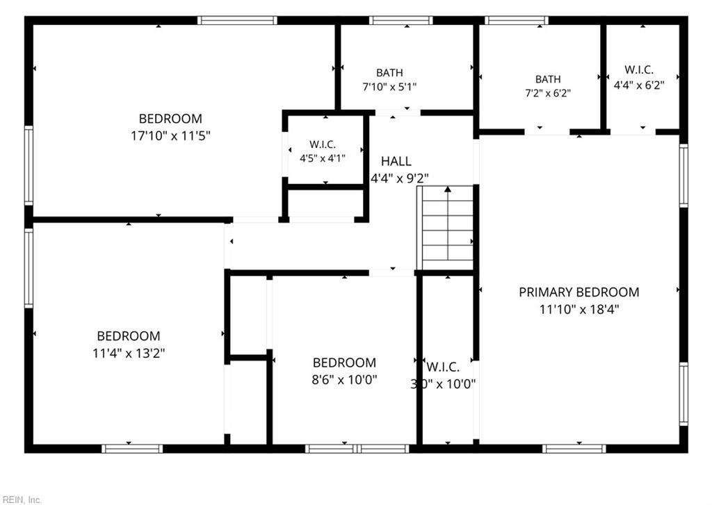 Upper-floor plan showing four bedrooms, three bathrooms, walk-in closets, and a central stair hall.