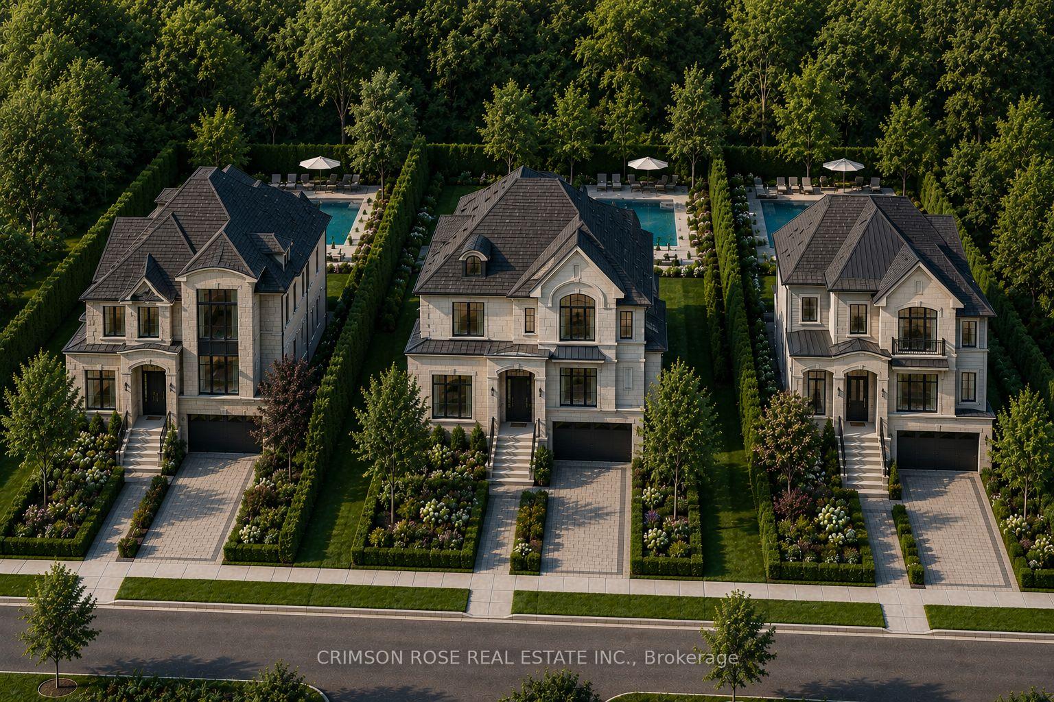 Aerial view of three stone homes with landscaped driveways, backyard pools, and surrounding trees.