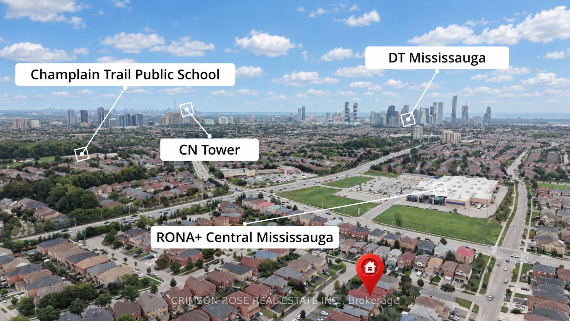 Aerial view of the neighborhood, with Mississauga skyline and nearby landmarks labeled.
