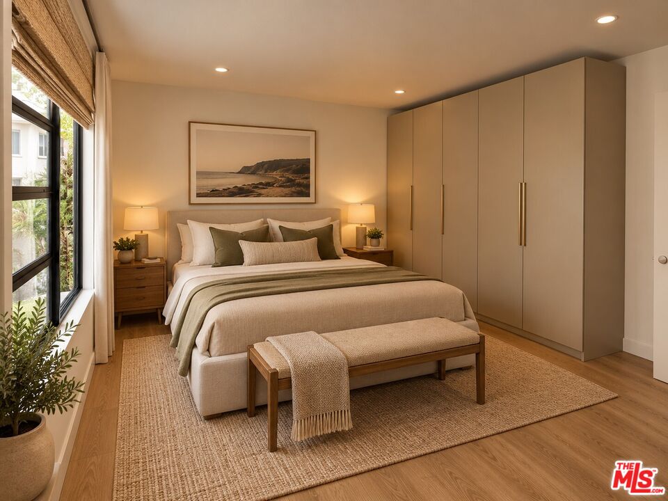 Bedroom with a king-size bed, built-in wardrobes, and a large window with woven shades.