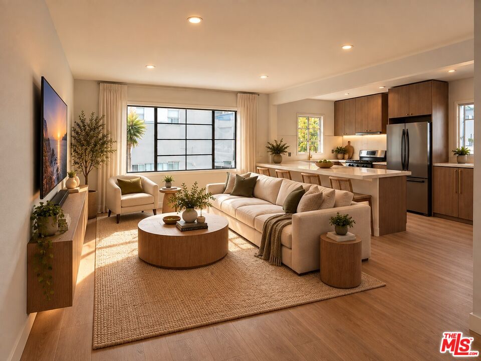 Staged living room with a cream sectional, round coffee table, and open kitchen with wood cabinetry.