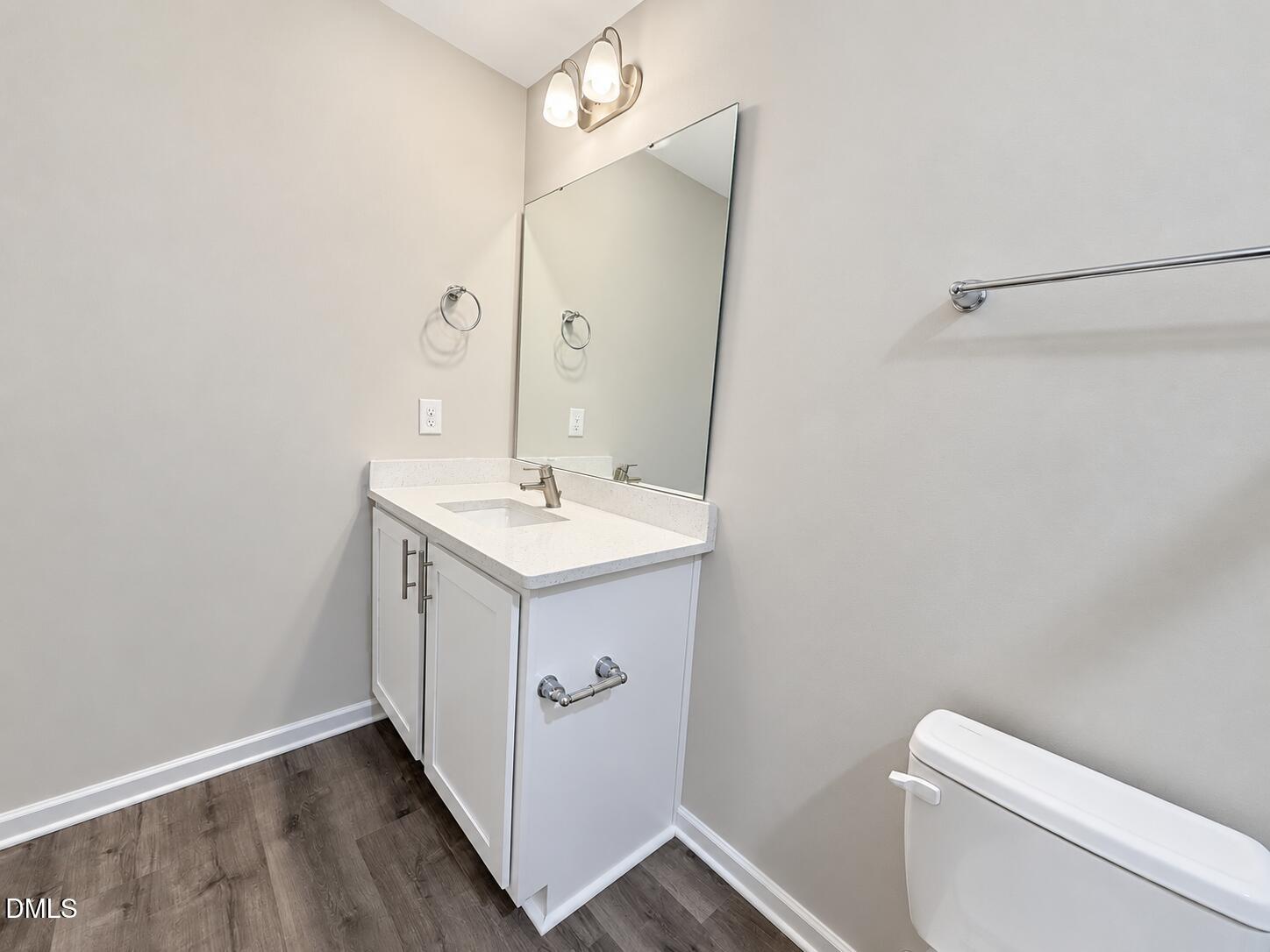 Bathroom vanity with a large mirror and dark wood-look flooring beside a toilet.