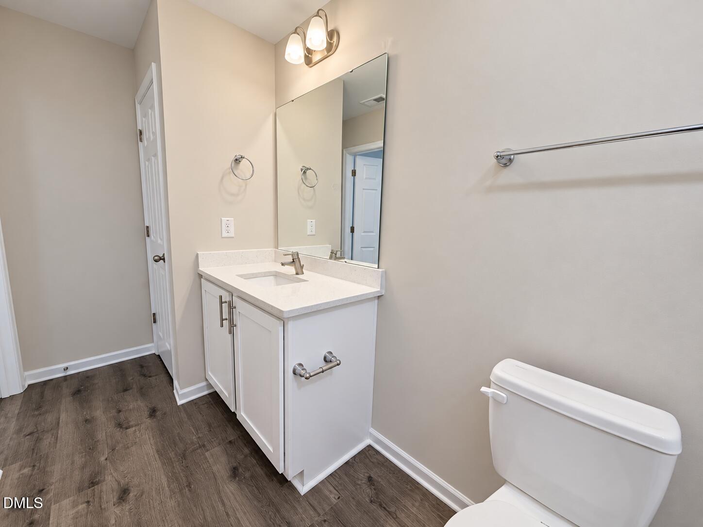 Bathroom with a white vanity, large mirror, towel bar, and dark wood-look flooring.