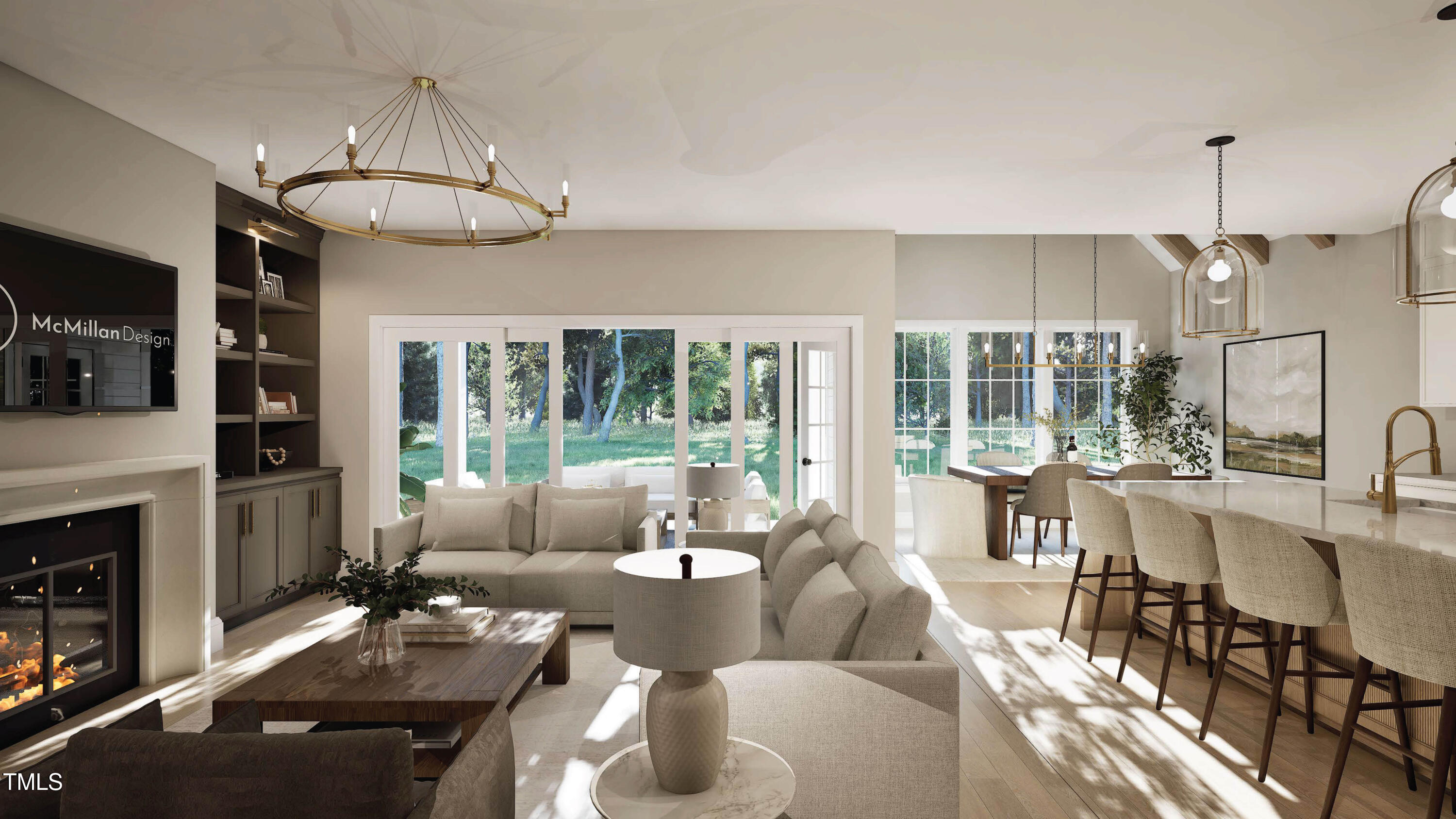 Open-plan living room with fireplace and built-ins, opening to a dining area and kitchen beside large yard-facing windows.